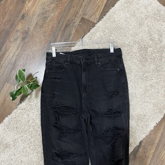 American Eagle Size 10 Washed Black Distressed High Rise Mom Jeans - Picture 3 of 7